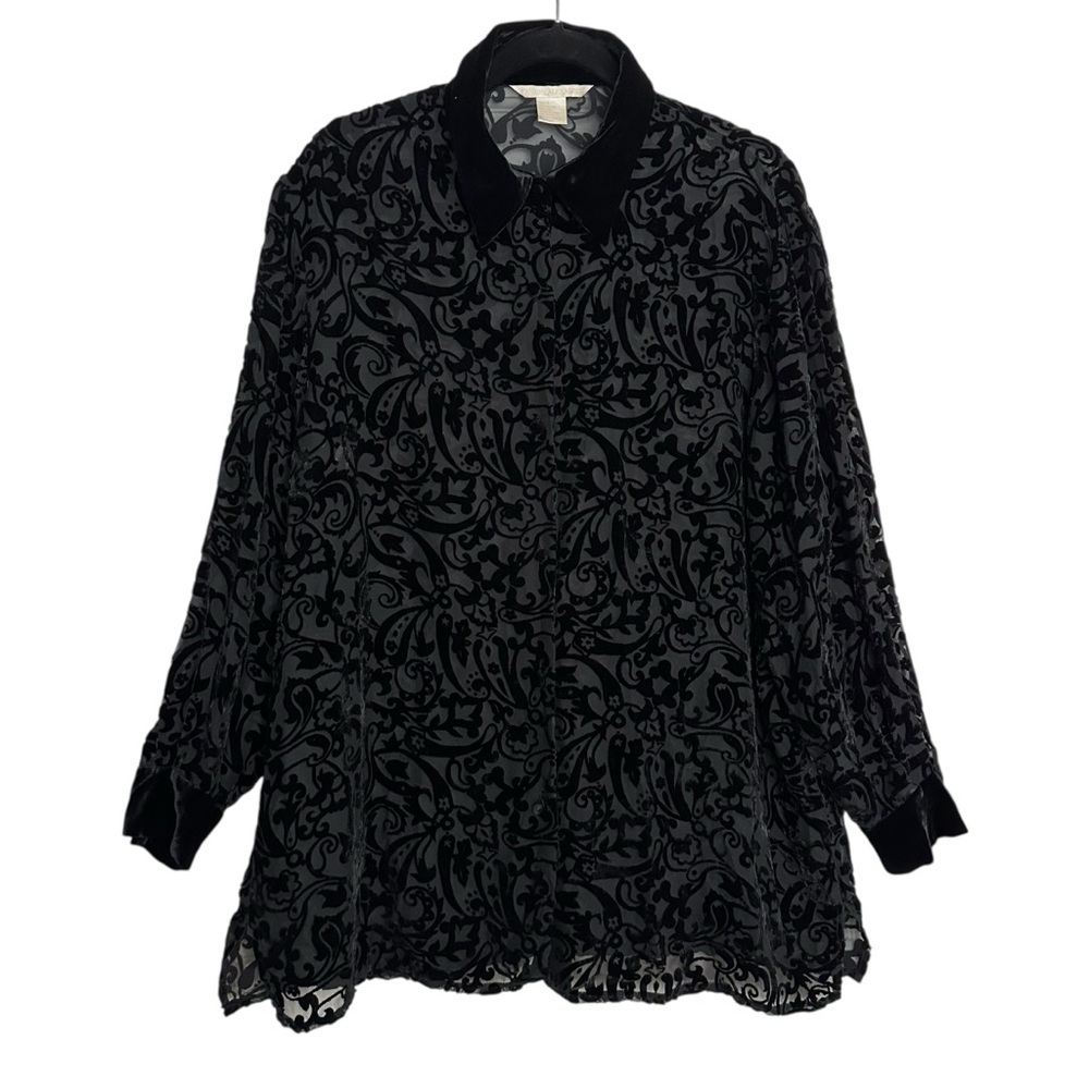 ANNIE ALEXANDER Black Velvet Burnout Blouse Gothic Luxe Sheer Whimsy Top‎ Large